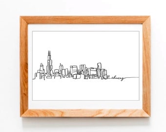 Dibujado a mano una sola línea Chicago Skyline Dibujo / Decoración de pared minimalista 11x17 Chicago Descarga imprimible