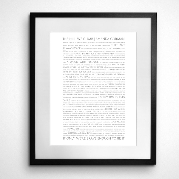 Amanda Gorman The Hill We Climb Full Text Poem Print | Minimalist Wall Decor 8x10 Printable Download