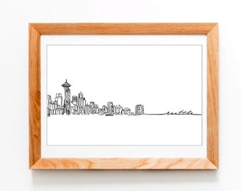 Dibujo del horizonte de la ciudad de Seattle / Línea única dibujada a mano / Decoración de pared minimalista 11x17 PNW Washington Descarga imprimible