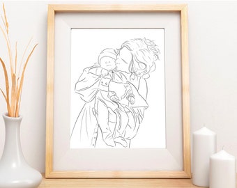 Dibujo de línea personalizado imprimible / Decoración minimalista simple del hogar / Descarga digital Regalo de arte romántico de la foto