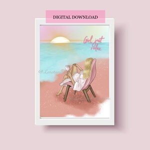 Fashion digital art print, girl relaxing on the beach