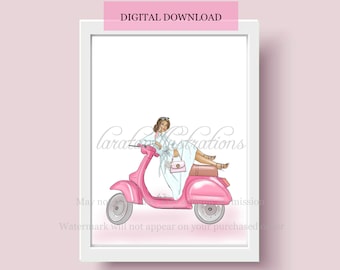 Pink Motorcycle Fashionista Portrait | Fashion Illustration Art Print | Wall Art | Digital Download