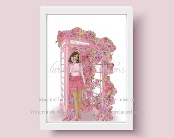 Impression d'art d'illustration de mode, fille de fleur de cabine téléphonique rose