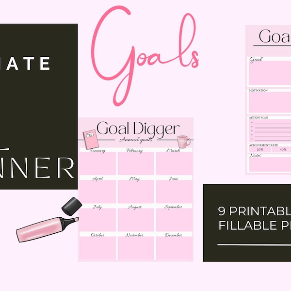 Yearly Goals, boss babe goal planner, goal tracker, daily habit productivity planner for entrepreneur, printable & fillable PDF