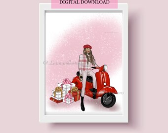 Digital illustration- Motorcycle girl with Christmas gifts digital art print