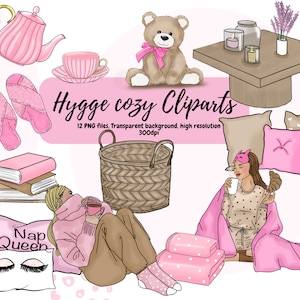 Hygge day bundle clipart elements, cozy clipart PNG format, lifestyle and wellness clip art for planner