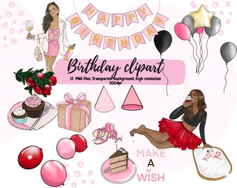 May include: A set of birthday party clipart featuring a woman in a pink dress and white blazer, cupcakes, a gift box, party hats, balloons, and a cake. The text "Happy Birthday" is on a banner. The text "Make a Wish" is on a sign.