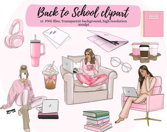 Back to school Boss Babe clipart set, Girl boss study vibes, 12 PNG illustrations for planners, Stickers Goodnotes, instant download