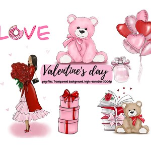 Valentine&#39;s day bundle clipart elements, teddy and balloons PNG format, girl sublimation design, clip art for planner