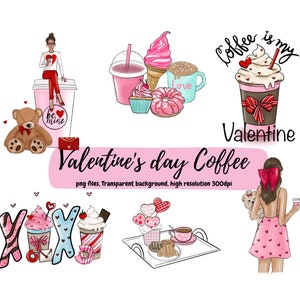Valentine's day coffee clipart elements, PNG format, coffee sublimation design, clip art for planner
