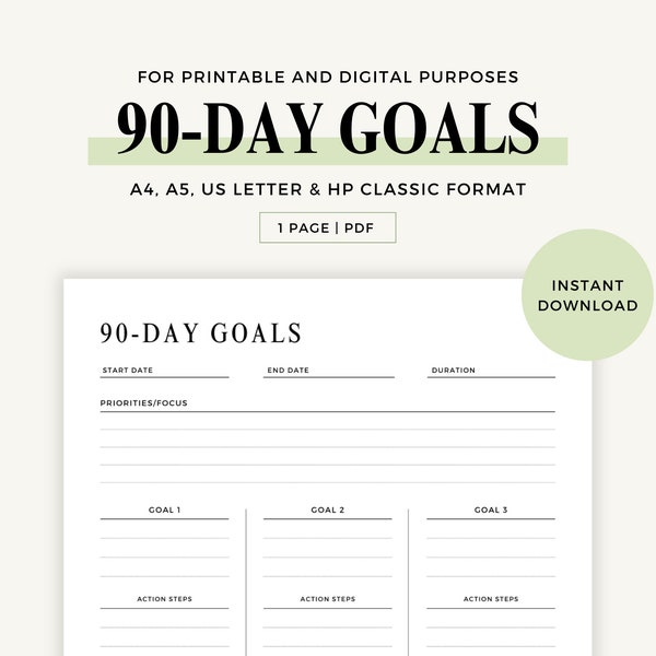 90 Day Goal Planner | Goal Setting | 90 Day Challenge | A5 Goal Planner Printable Inserts | A4, A5, US Letter & HP Classic