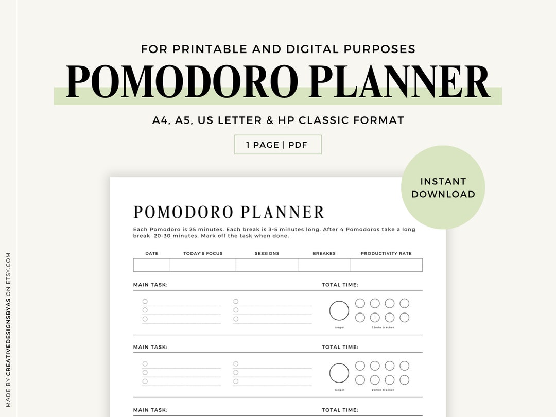 Pomodoro Planner Printable Time Managment Tracker Pomodoro Technique ...