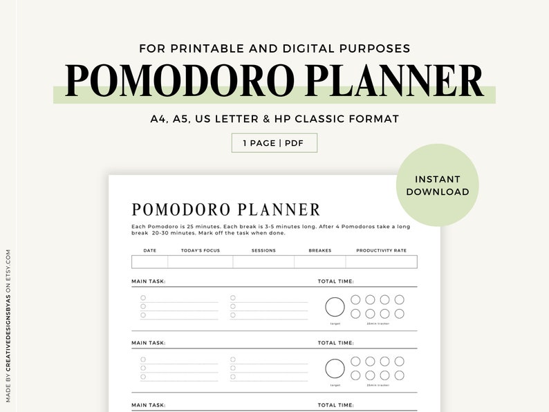 Pomodoro Planner Printable Time Managment Tracker Pomodoro Technique ...