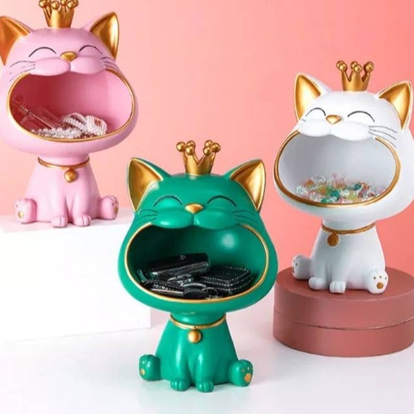 Cute Cat Statue Desk Decoration Miniature Figurine Sundries Storage Box Modern Living Room Desk Home Decor Accessories Cat Statues for Gift