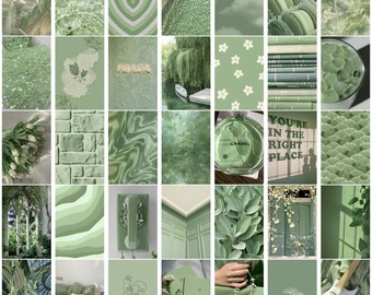 Juego de collage de fotos estético para pared, 150 piezas, en tonos verde salvia y pastel, imágenes tanto en formato horizontal como vertical, tamaño 4 x 6, descarga digital