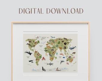 World map green in A2 DIGITAL DOWNLOAD with illustrated animal motifs for children's rooms | World map poster kindergarten