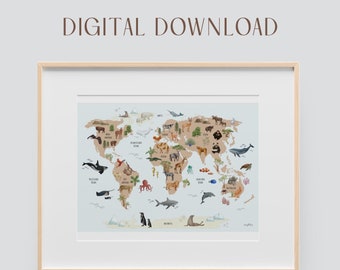 Blue world map in A2 DIGITAL DOWNLOAD with illustrated animal motifs for children's rooms | World map poster kindergarten