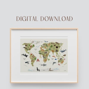 Weltkarte Grün in A2 DIGITAL DOWNLOAD mit illustrierten Tiermotiven für Kinderzimmer | Weltkarte Poster Kindergarten