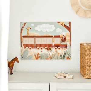 TIERZUG Routineplan aus Holz für Kinder in A3 | pädagogischer Planer mit illustrierten Tiermotiven und 30 Holzplättchen zum Anbringen
