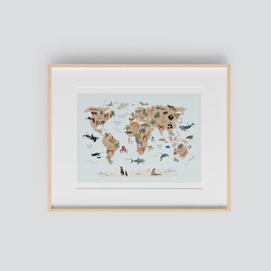 Weltkarte Blau in A2 mit illustrierten Tiermotiven für Kinderzimmer | Weltkarte Poster Kindergarten | Tierillustrationen | Lernposter