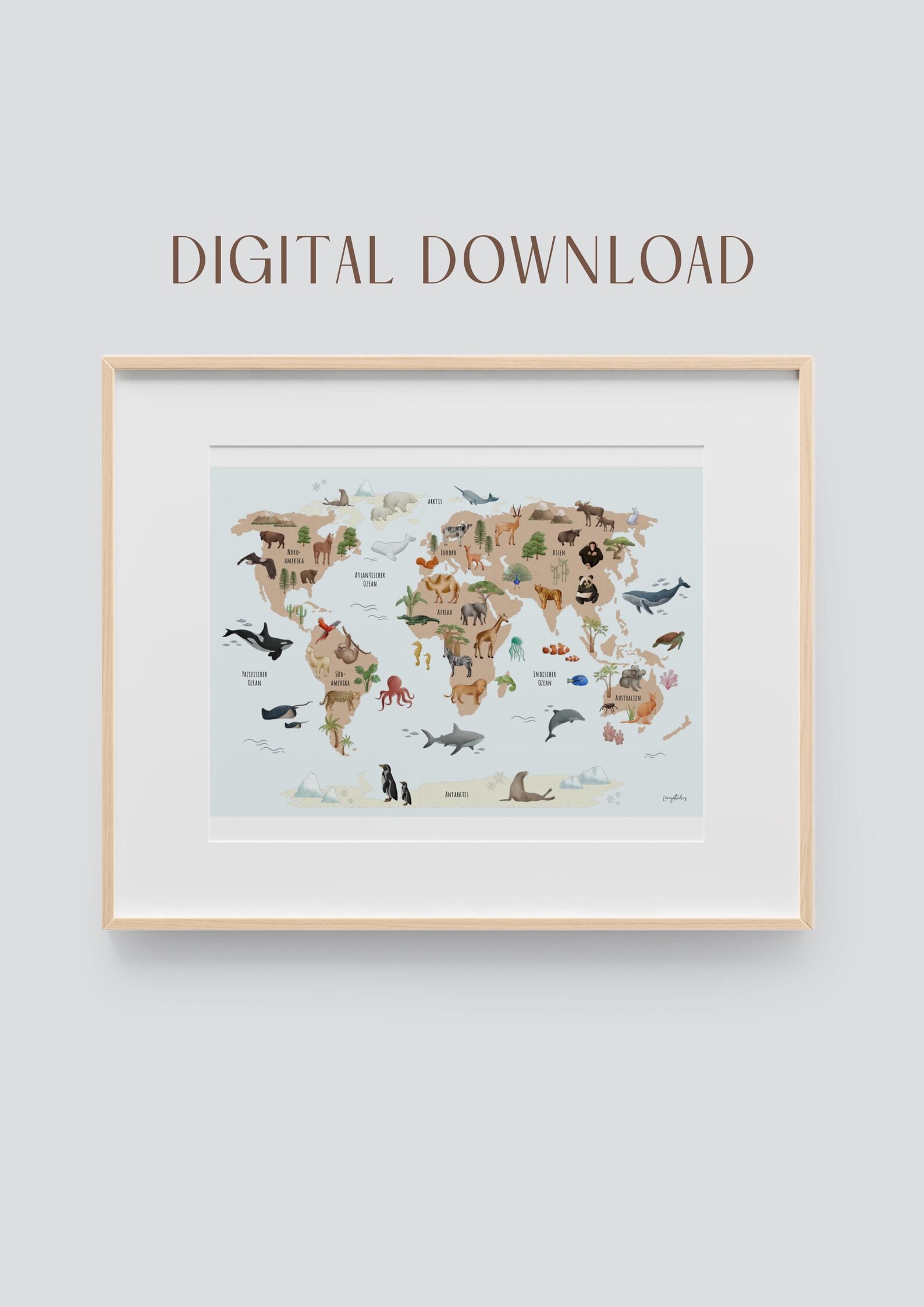Udw Map Blue World Map in A2 DIGITAL DOWNLOAD With Illustrated Animal Motifs ...