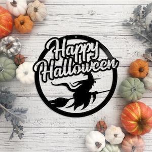Happy Halloween Circle Witch Sign | Spooky Sign | Halloween Door Hanger | Metal Wall Art