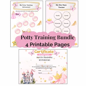 Op de afbeelding: Een zindelijkheidstraining-set met vier printbare pagina's met roze en gouden accenten. De pagina's bevatten een My Potty Training Adventure-kaart, een My Dry Days Tracker en een Potty Training Superstar-certificaat met kasteelafbeeldingen.