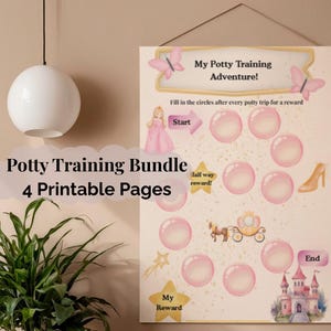 Op de afbeelding: Een zindelijkheidstrainingstabel met een prinsessenthema, met roze bellen, een prinses, een koets en een kasteel. Tekst bevat "My Potty Training Adventure!" en "Potty Training Bundle 4 Printable Pages."