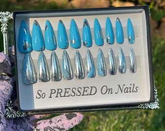DreamCatcher, hand painted nails, silver press on nails, custom press on nails, hand made Press on Nails, Faux Acrylic Nails, Gel Nails,