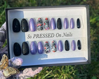 No Lilac.. metallic lilac purple, black white flower design press on nails