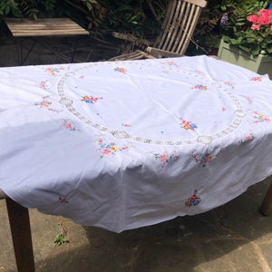 Vintage Handmade Embroidered Cross Stitch Tablecloth Flower tablecloth