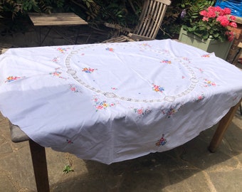 Vintage Handmade Embroidered Cross Stitch Tablecloth Flower tablecloth