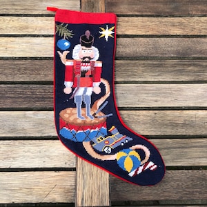 Vintage handgemaakte kerstwol borduursok, vakantiesok notenkraker marineblauw