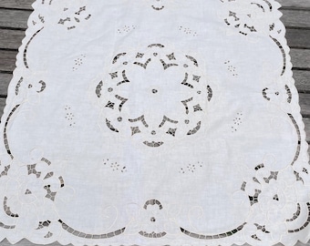 Vintage Embroidered Hand Made Cut Work Tablecloth Flower Hand Made Beige
