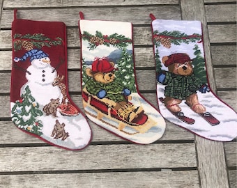 Vintage Christmas Wool Needlepoint Handmade Stocking, Holiday Stocking Bear Snowmen Stocking