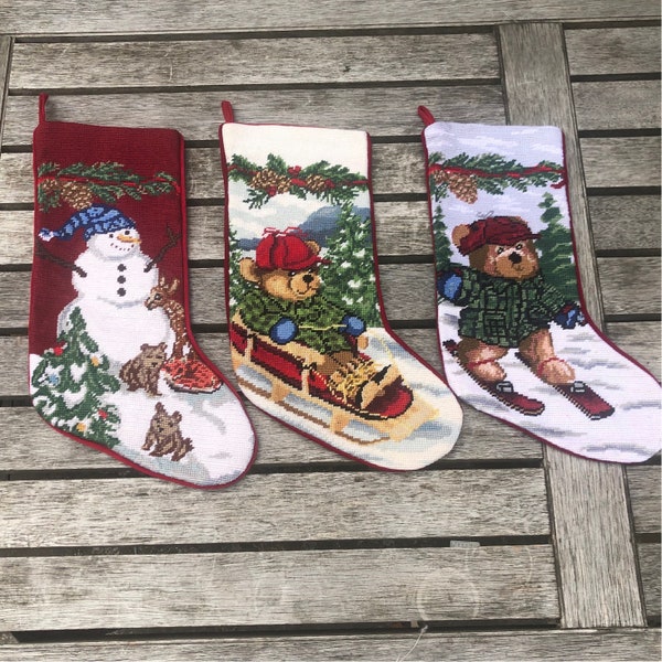 Vintage Christmas Wool Needlepoint Handmade Stocking, Holiday Stocking Bear Snowmen Stocking