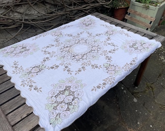 Vintage nottingham lace tablecloth lace beige table cover with defects