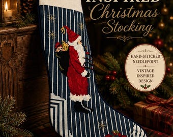 Calcetín navideño vintage de lana bordado a mano, calcetín navideño de Papá Noel CSNo2