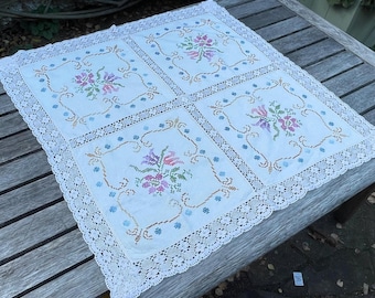 Vintage handmade cross stitch floral tablecloths crocheted embroidered table mats