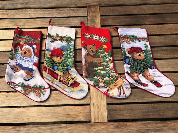 Vintage Christmas wool needlepoint handmade stocking, holiday stocking bear snowmen stocking
