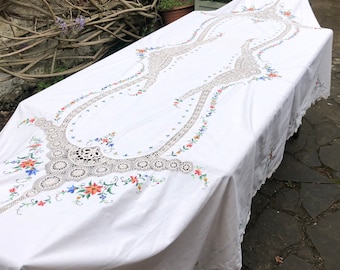 Seltene Vintage Handarbeit Bestickte Kreuzstich Häkeln Detailliert Tischdecke Leinen Blume Teeparty Bankett Hochzeit Spitzenrand Extra Lang 300cm