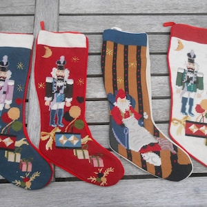 Vintage Christmas Wool Needlepoint Handmade Stocking, Holiday Stocking Santa Nut Cracker Stocking