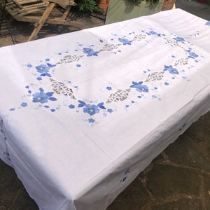 Vintage Handmade Large Blue Flower Appliqué Tape Lace Tablecloth Rectangle Banquet Wedding Tablecloth