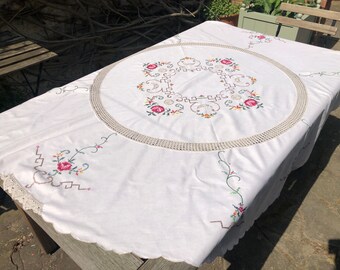 Vintage Handmade Embroidered Cross Stitch Tablecloth Flower tablecloth Beige CS14
