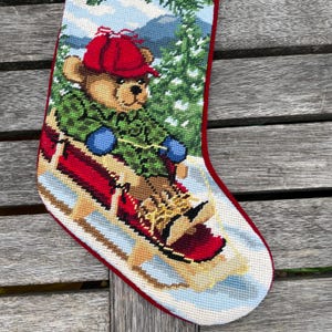 Vintage Christmas wool needlepoint handmade stocking, holiday stocking bear snowmen stocking image 11
