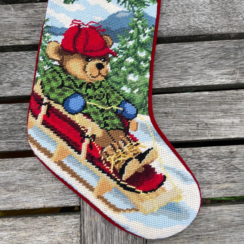 Vintage Christmas wool needlepoint handmade stocking, holiday stocking bear snowmen stocking image 11