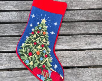 Vintage Weihnachtswolle Nadelpunkt handgemachter Strumpf, Feiertags-Strumpf Weihnachtsbaum