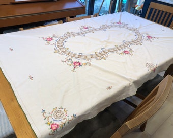Vintage Embroidered Cross Stitch Hand Made Tablecloth Flower Tea Party CS33