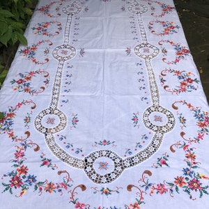 Vintage Handmade Embroidered Cross Stitch Crocheted Tablecloth Flower tablecloth oblong