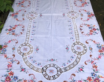 Vintage Handmade Embroidered Cross Stitch Crocheted Tablecloth Flower tablecloth oblong